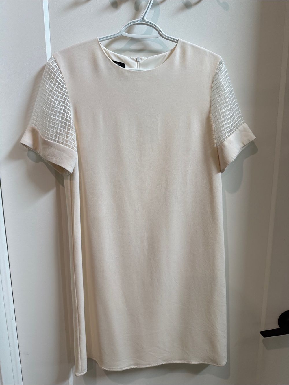 Cream Short-Sleeve Shift Dress with Textured Sleeve Detail - Picture 2 of 3
